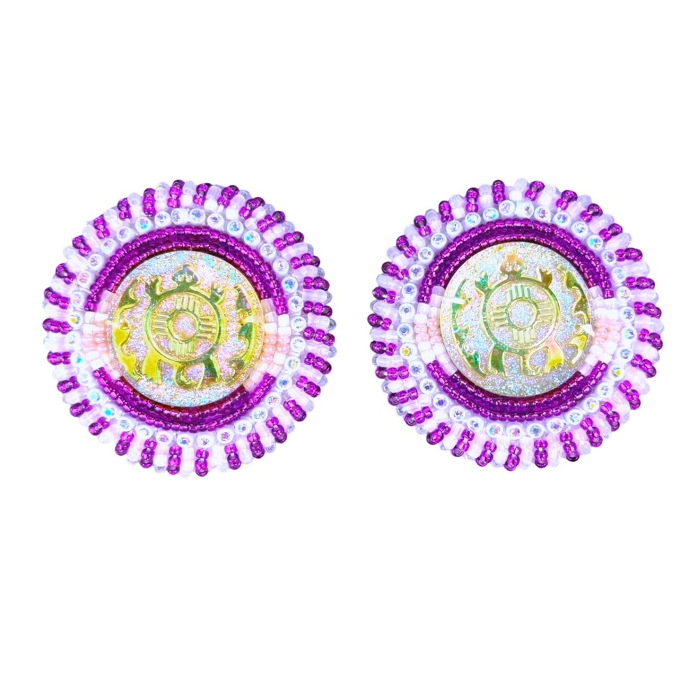 Native American Inspired Seed Bead Medallion Earrings Turtle Zia Sun Purple